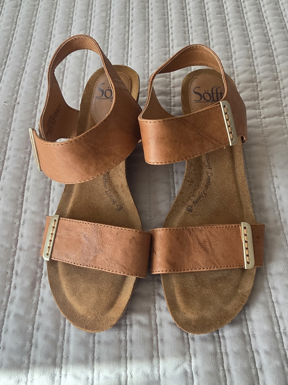 Söfft Cognac Leather Slingback Sandals with Gold Accents
